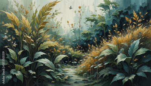 Bold Abstract Landscape of Wild Foliage with Thick Textured Oil Paint and Expressive Motion