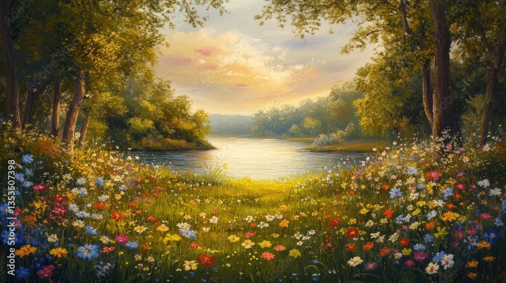 Obraz premium Enchanting riverside meadow bursting with wildflowers and tranquil waterscape