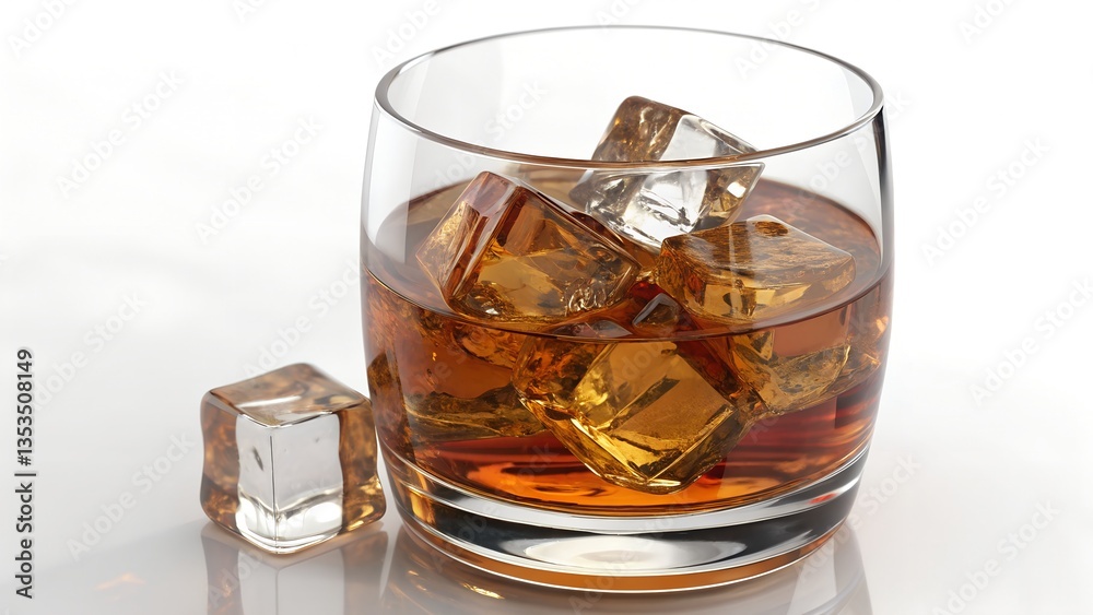 The image presents a clear, short glass filled with a golden-brown liquid The image presents a clear, short glass filled with a golden-brown liquid