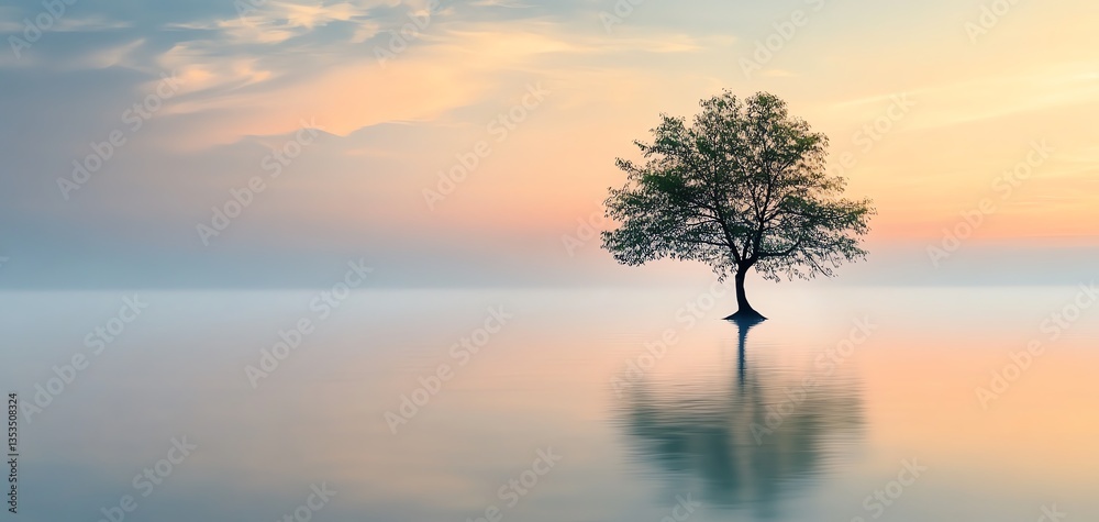 Fototapeta premium Serene sunrise landscape. Single tree reflected in calm water. Peaceful, tranquil nature scene.