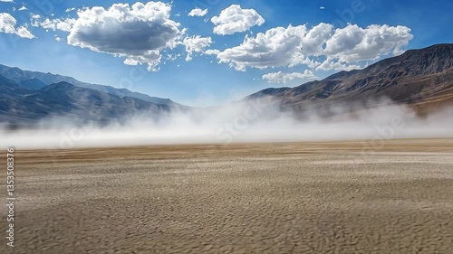 Vast Desert Landscape Mountains, Dusty Terrain, and Cracked Earth Under Scattered Clouds in Natures Serene Atmosphere