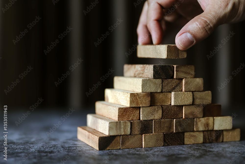 Hand place wooden block stack in pyramid stair step concept team building of prevent not collapse or crash of financial business and risk management or strategic planning and investment insurance. Hand place wooden block stack in pyramid stair step concept team building of prevent not collapse or crash of financial business and risk management or strategic planning and investment insurance.