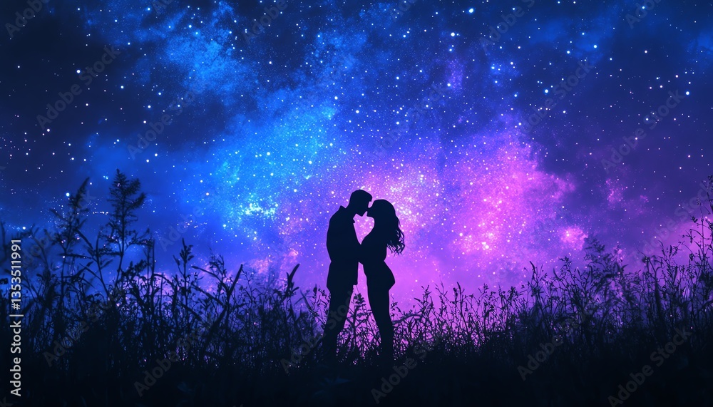 Fototapeta premium Silhouette of a couple kissing under a vibrant, starry night sky. Romantic scene with purple and blue hues, perfect for love, romance, and fantasy themes.
