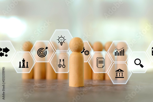Wooden person stands with HR human resources icons for personal leader training skill or leadership and challenge business team player and organization management teamwork