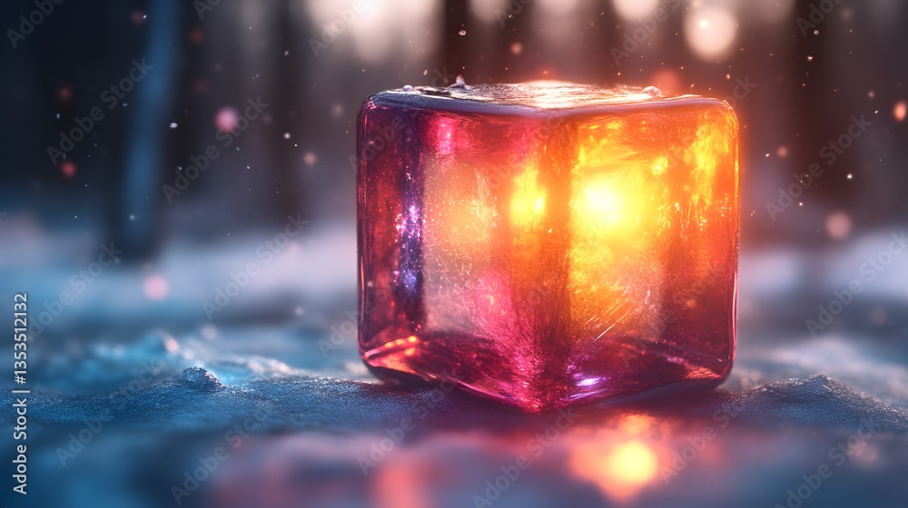 Glowing Ice Cube in Snowy Forest at Dusk Glowing Ice Cube in Snowy Forest at Dusk