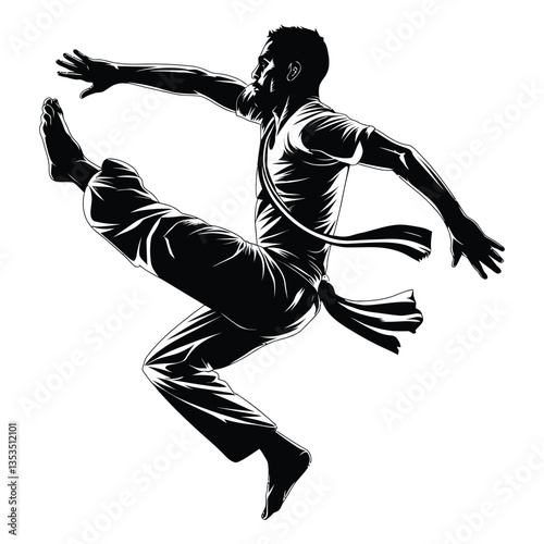Capoeira dancer Silhouette, Vector, Icon, Logo, White Background.