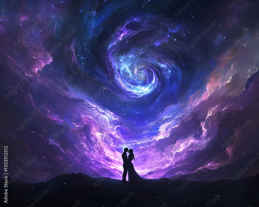 Fototapeta premium Silhouetted lovers entwined under a celestial sky, galaxies swirling above in rich purples and blues Wide-angle lens, dreamy focus, soft romantic hues