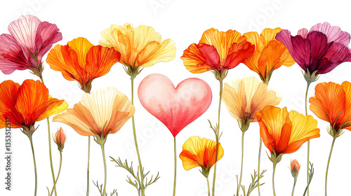 Watercolor Poppies and Heart: Romantic Floral Illustration