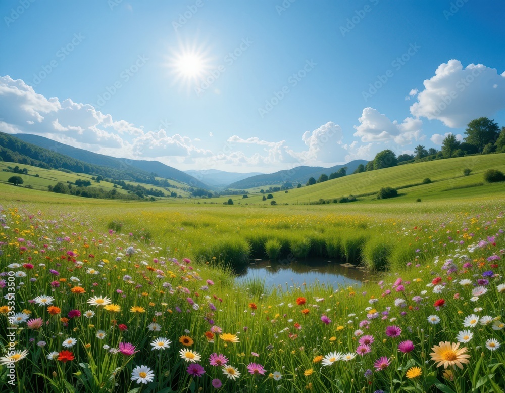 Fototapeta premium Serene Summer Meadow Landscape Vibrant Wildflowers Bloom in Sunny Valley