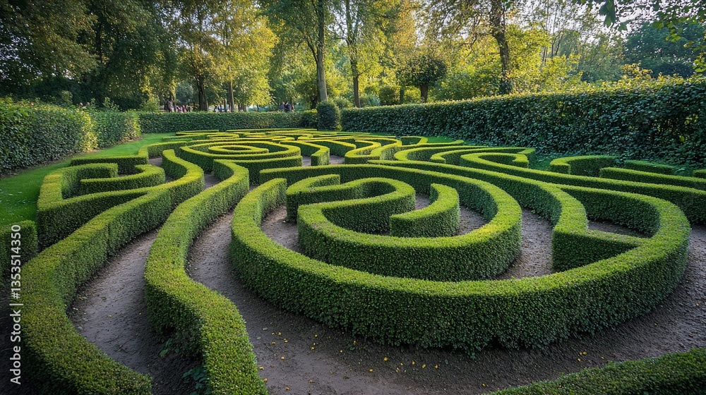 Intricate green hedge maze in a formal garden setting at daytime Intricate green hedge maze in a formal garden setting at daytime