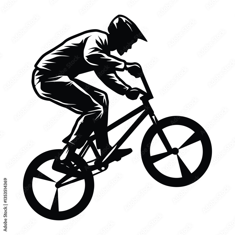 Naklejka premium BMX rider Silhouette, Vector, Icon, Logo, White Background.
