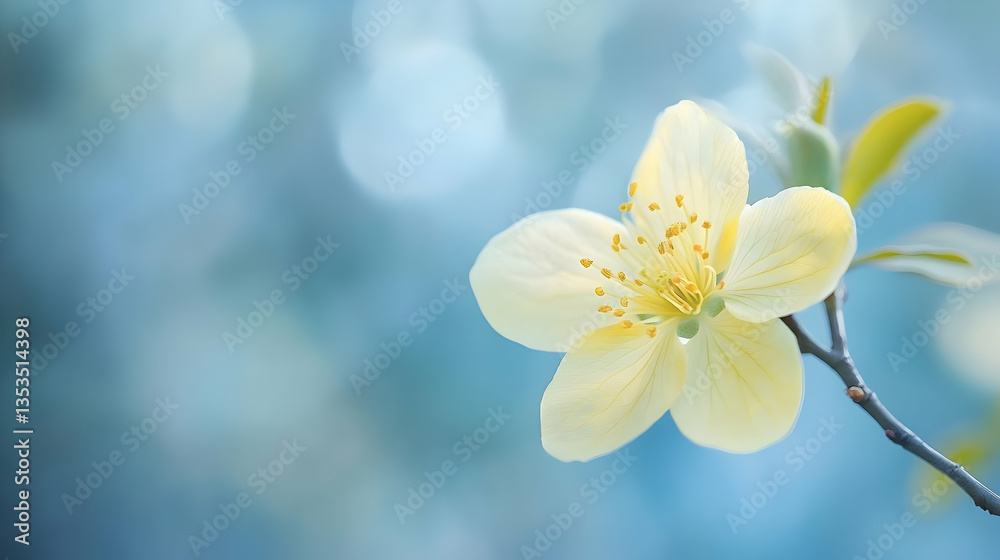 Close-Up of a Delicate Yellow Flower on a Soft Blue Background Close-Up of a Delicate Yellow Flower on a Soft Blue Background