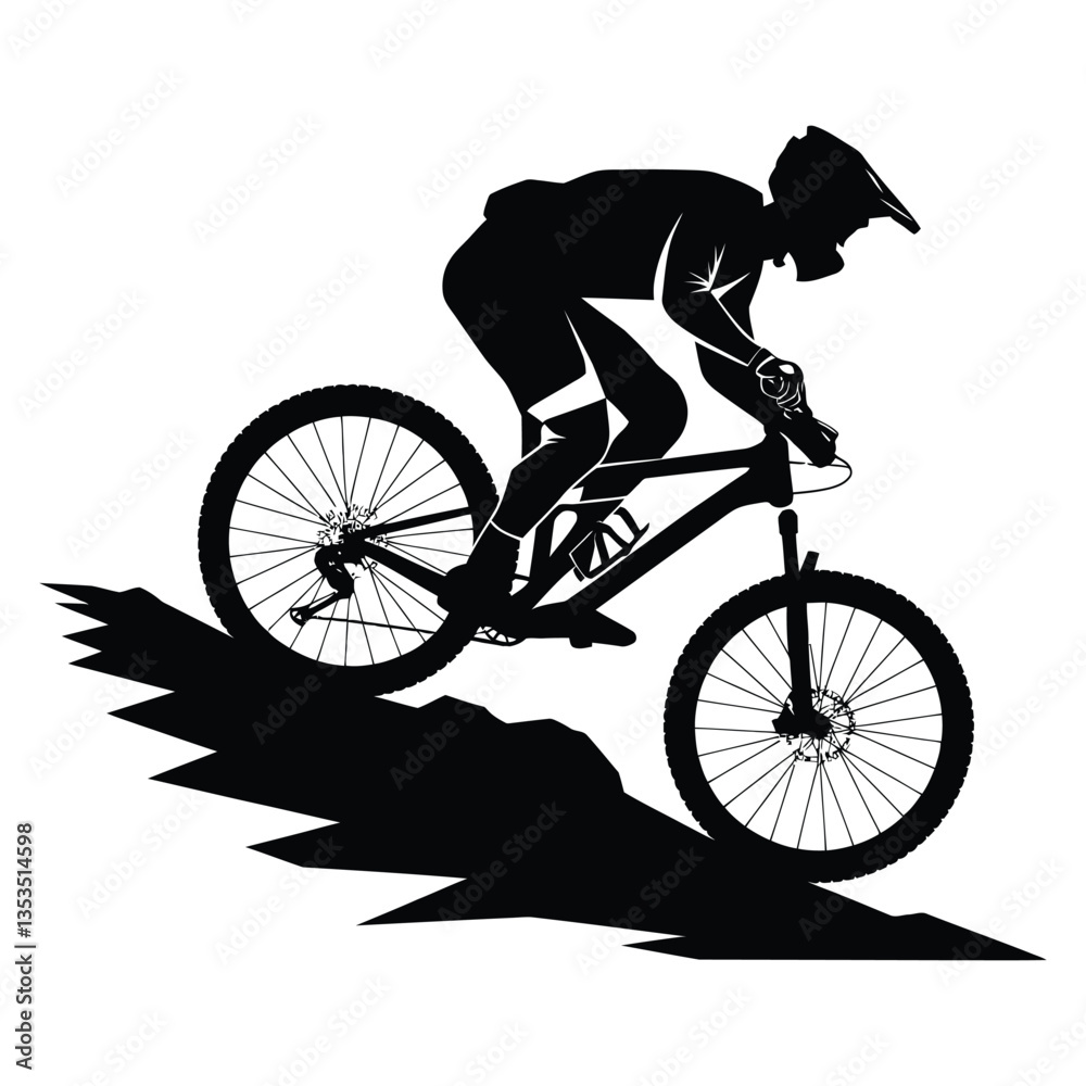 Fototapeta premium Mountain biker Silhouette, Vector, Icon, Logo, White Background.