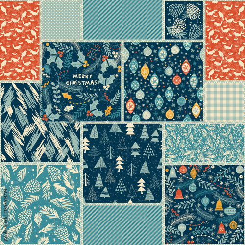 Seamless abstract colorful patchwork pattern  in Christmas style. Shabby chic. Vintage hand made quilt. Merry Christmas, Happy New Year greeting card, wrapping paper. Vector illustration
