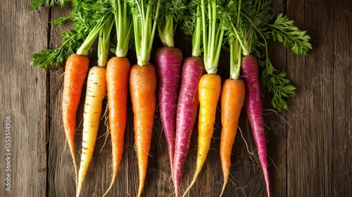 Freshly Harvested Colorful Carrots on Wooden Table Display