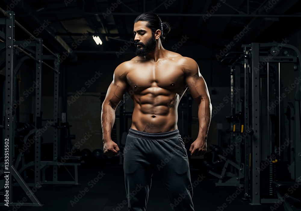 Muscular Man Flexing Biceps in Dark Gym. Generative Ai Muscular Man Flexing Biceps in Dark Gym. Generative Ai