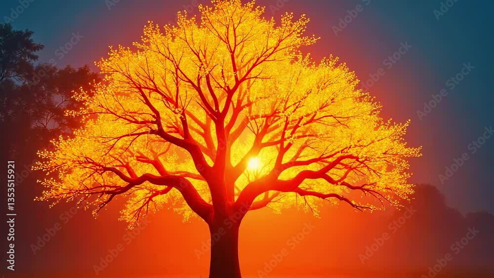 A vibrant, glowing tree silhouetted against a sunset in a misty field, creating a magical atmosphere A vibrant, glowing tree silhouetted against a sunset in a misty field, creating a magical atmosphere