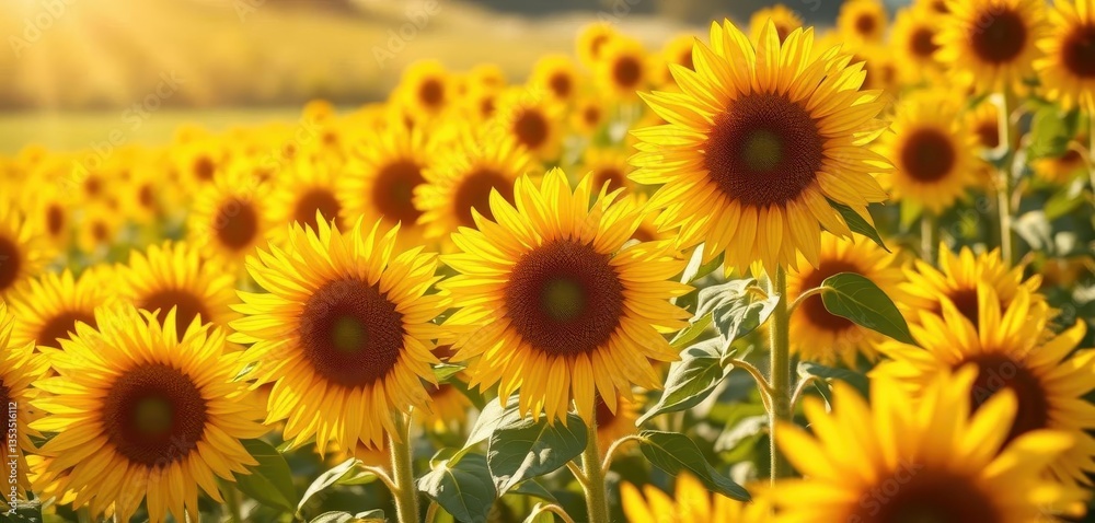 Fototapeta premium Vibrant yellow sunflower field bathed in warm sunlight, bright, photography