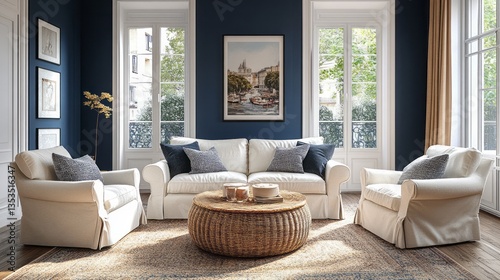 Cozy living room features white furniture and navy blue walls