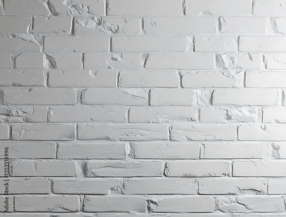 Fototapeta premium White painted brick wall with a slightly uneven texture, subtle cracks, and imperfections, creating a minimalist and modern industrial aesthetic. The soft lighting highlights the depth and structure o