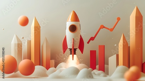 A rocket is flying upward, next to it there's an orange graph going up, in a flat design style, with a white background and an orange and red color scheme.