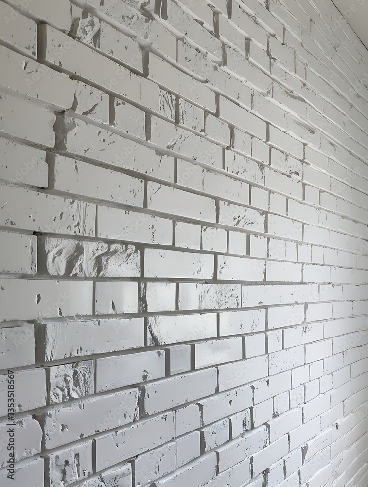 Fototapeta premium White painted brick wall with a slightly uneven texture, subtle cracks, and imperfections, creating a minimalist and modern industrial aesthetic. The soft lighting highlights the depth and structure o