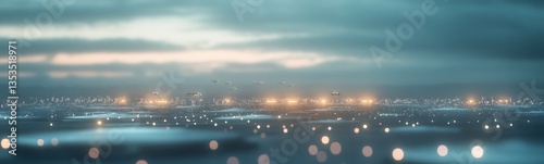 A serene landscape at dusk featuring soft colors and glowing lights reflecting on water.