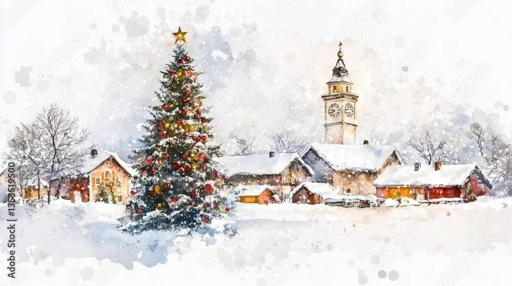 Obraz premium A Picturesque Christmas Village Scene: Snowy Houses, Illuminated Tree, and Church Tower