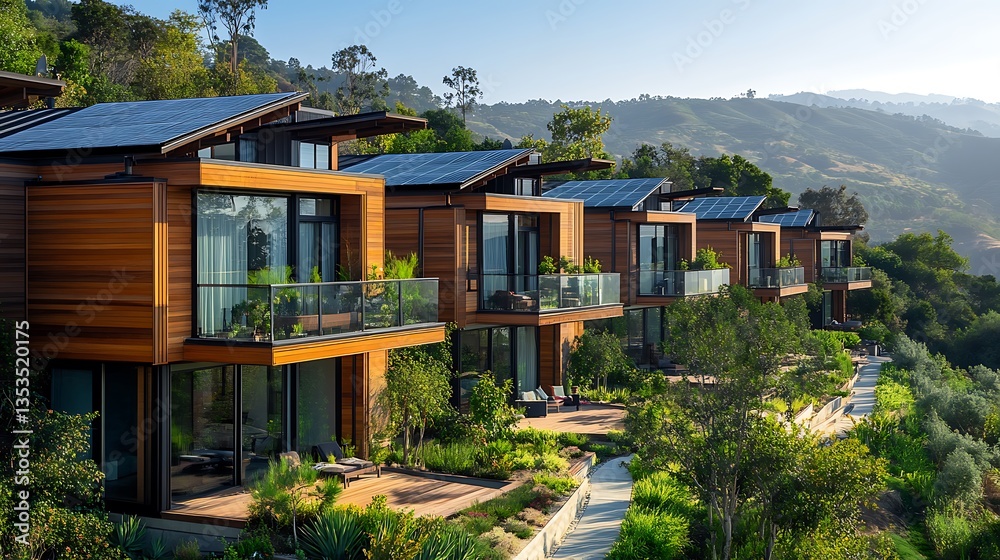 A row of modern, sustainable homes with solar panels on the roofs and lush green gardens surrounding them in California's coastal region. A row of modern, sustainable homes with solar panels on the roofs and lush green gardens surrounding them in California's coastal region.