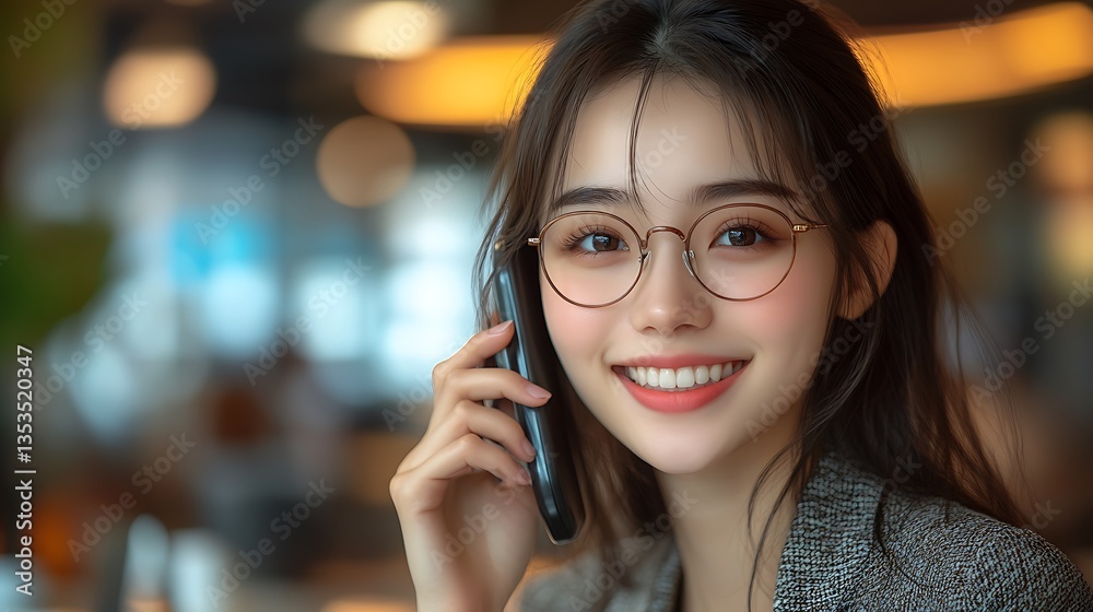 A smiling woman wearing glasses is talking on her phone A smiling woman wearing glasses is talking on her phone