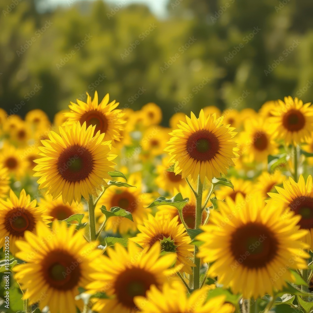 Fototapeta premium Golden sunflower field basking in bright summer sunlight, backdrop, growth, leaves