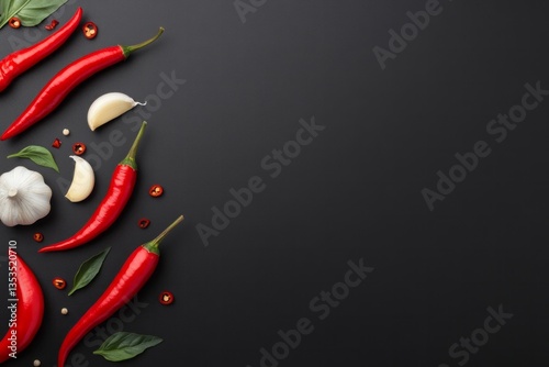Flat lay arrangement of red chili peppers and garlic