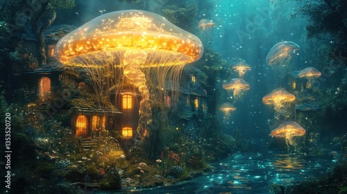 Wallpaper Mural Glowing Mushroom Houses in a Fantasy Forest Torontodigital.ca