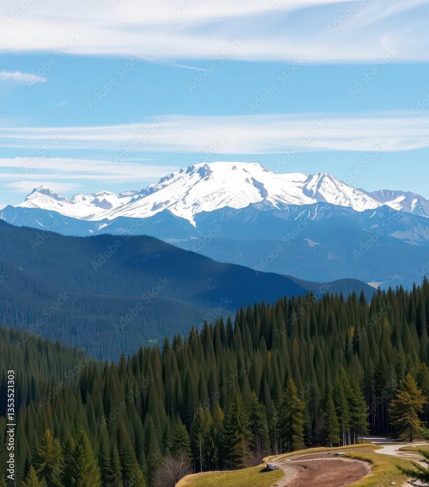Fototapeta premium Majestic snow-capped mountains, lush green forests, panoramic view, design, graphic, peak