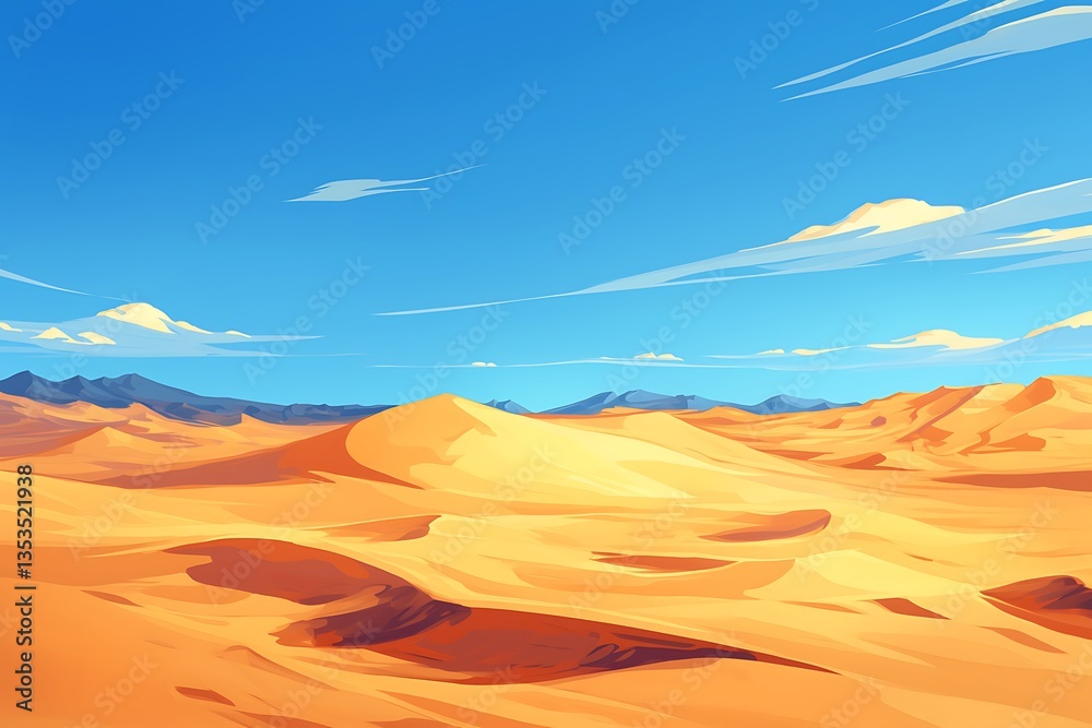 Naklejka premium Serene Desert Landscape Vibrant Sky Golden Sand Dunes Mountain Range Background Illustration