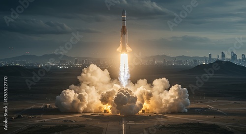 Rocket launch lifting off into space with billowing smoke and city skyline