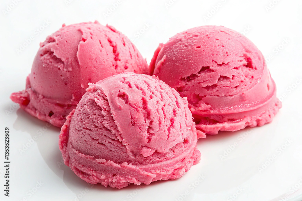 Triple Raspberry Ice Cream Scoops, Vibrant Pink Dessert on White Background Triple Raspberry Ice Cream Scoops, Vibrant Pink Dessert on White Background