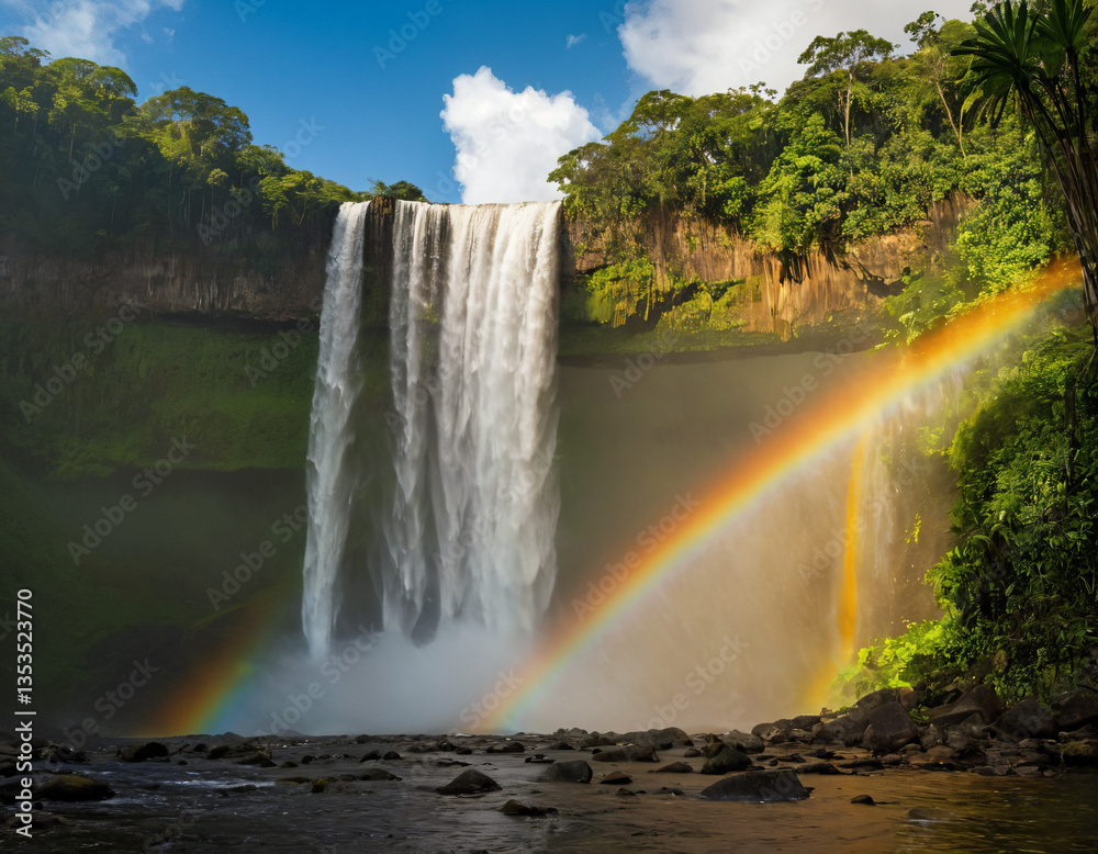 Fototapeta premium A rainbow over a waterfall in a dense jungle.