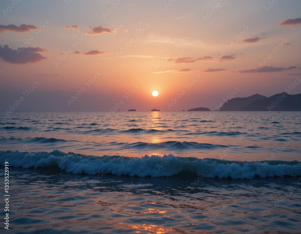 Obraz premium Serene Sunset Over Ocean Waves at Beach Picturesque Coastal Landscape