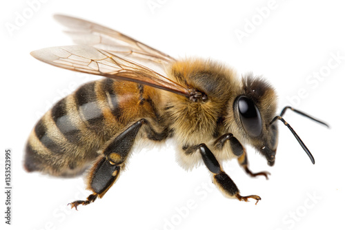 Bee resting on a surface showcasing details of its wings and eyes