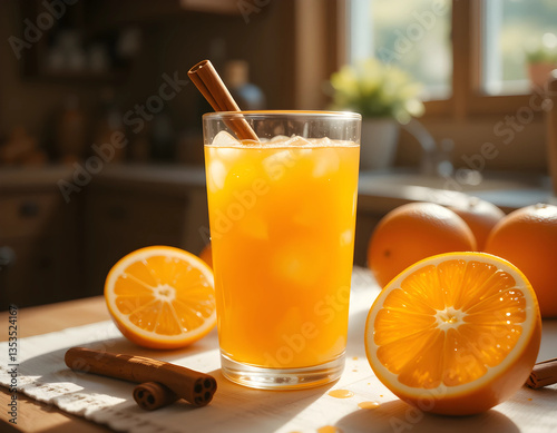 A rustic glass of orange juice infused with honey and cinnamon sticks.