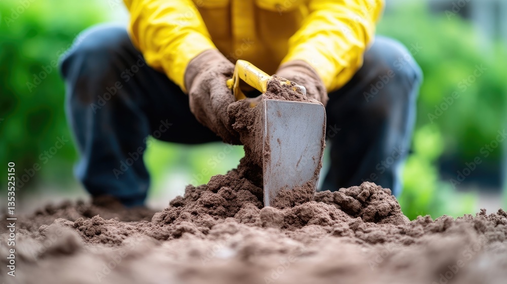 Fototapeta premium Gardener using shovel in soil
