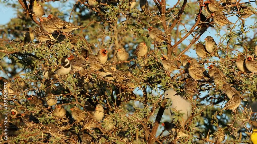 Flock of red-billed queleas (Quelea quelea) and other birds in a tree, Kalahari desert, South Africa Flock of red-billed queleas (Quelea quelea) and other birds in a tree, Kalahari desert, South Africa