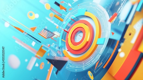 A dynamic 3D illustration of a target with multiple segments and digital elements, symbolizing marketing and advertising strategies aimed at a specific customer audience. 