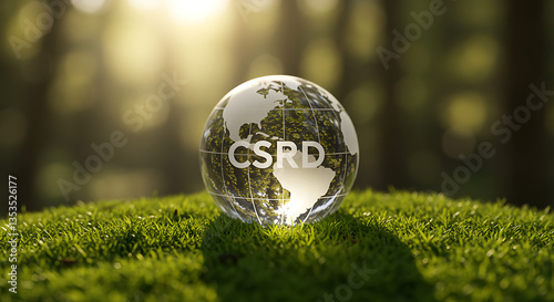 Glass World Globe displaying CSRD on Green Moss in Sunny Forest Concept