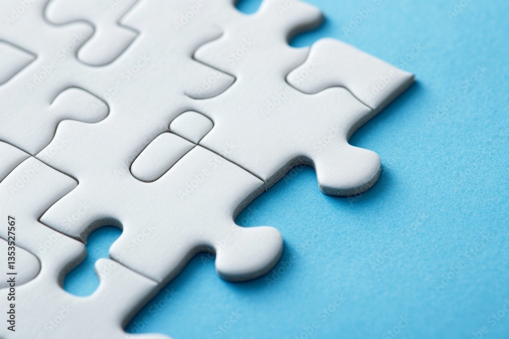 Close-up of connected white jigsaw puzzle pieces on a blue background. Close-up of connected white jigsaw puzzle pieces on a blue background.
