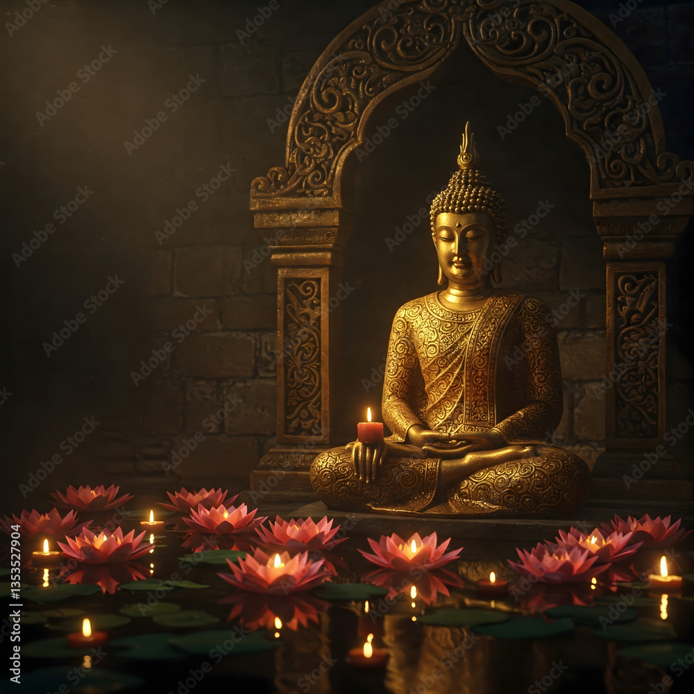 Fototapeta premium Serene Buddha statues surrounded by floating lotus flowers and soft lighting, creating a tranquil atmosphere for meditation and reflection.