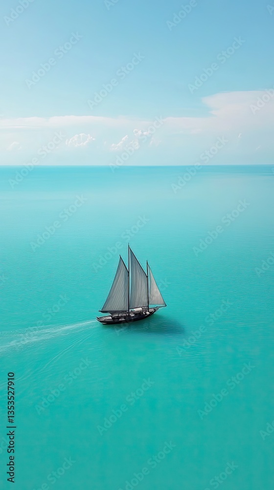 Obraz premium A three masted sailboat is sailing across vast turquoise colored waters