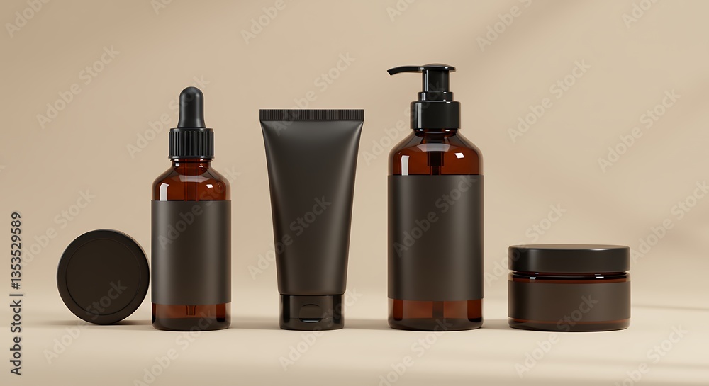 Assortment of amber glass cosmetic containers with blank labels for branding Assortment of amber glass cosmetic containers with blank labels for branding