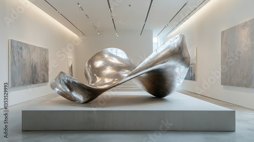 Modern metal sculpture on plinth in gallery, abstract art background